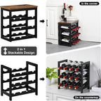 VASMIA Wine Rack Freestanding Floor, 6 Tier Bamboo Wine Storage Shelves with Table Top, 24-Botttle Wine Rack Shelf for Kitchen Bar Dining Room Living Room, Rustic Brown and Black