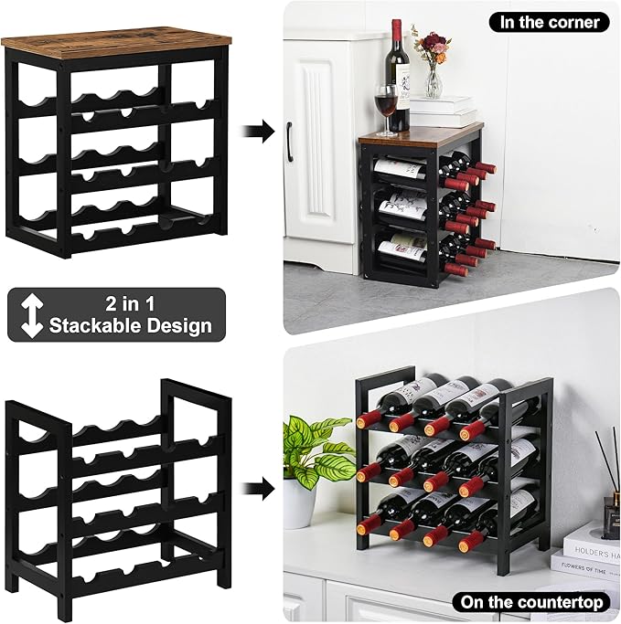 VASMIA Wine Rack Freestanding Floor, 6 Tier Bamboo Wine Storage Shelves with Table Top, 24-Botttle Wine Rack Shelf for Kitchen Bar Dining Room Living Room, Rustic Brown and Black