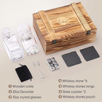 Whiskey Decanter Set with Wooden Box Artistic 25.4 oz Decanter + 2x10 oz Glasses | 304 Stainless Steel Whiskey Stones, Slate Coasters, Tongs & Pouch | Gift for Men, Husband, Dad, Weddings