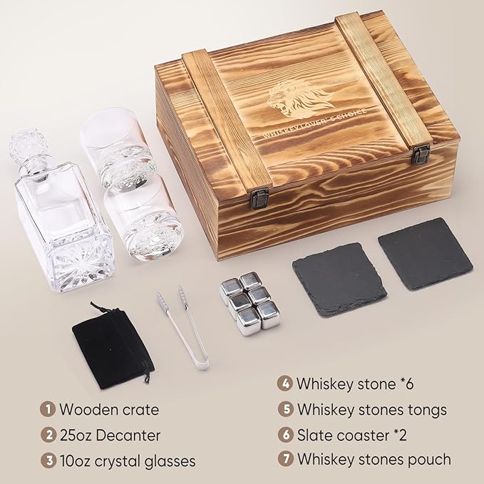 Whiskey Decanter Set with Wooden Box Artistic 25.4 oz Decanter + 2x10 oz Glasses | 304 Stainless Steel Whiskey Stones, Slate Coasters, Tongs & Pouch | Gift for Men, Husband, Dad, Weddings