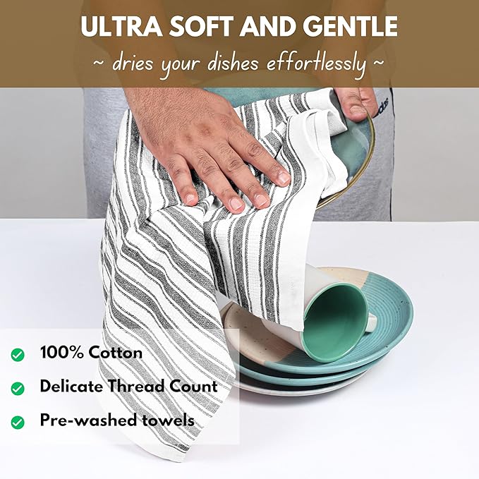 Native Fab 100% Cotton Striped Kitchen Towels - Set of 12-16"x26"- Basket Weave Stripe Dish Towels for Quick Drying, Absorbent Kitchen Wash Cloths Set with Hanging Loop - Black