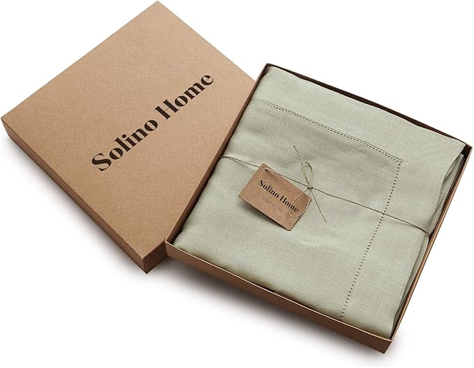 Solino Home Linen Sage Green Tablecloth 60 x 144 Inch - Classic Hemstitch, 100% Pure Linen Rectangular Tablecloth - Machine Washable Table Cloth for Summer, Fall, Autumn