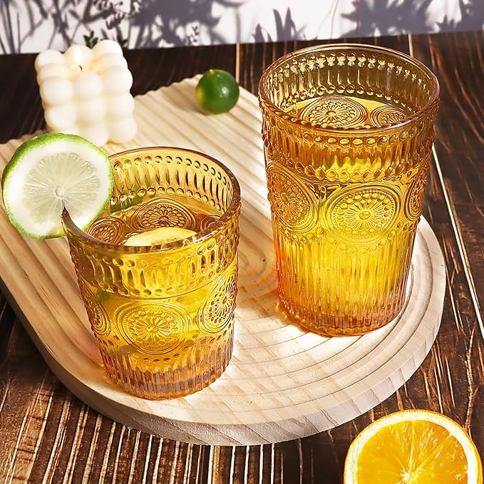 12pcs Vintage Drinking Glasses Set, 12 oz Highball Glasses & 9 oz Embossed Ribbed Glassware Cups for Thanksgiving Cocktail, Juice, Coffee, Whiskey (Amber)