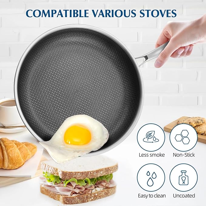 Nonstick Frying Pans, 12 inch Stainless Steel Frying Pan Non Stick with Honeycomb for Kitchen and Camping - Dishwasher and Oven Safe Skillet, Induction Gas Ceramic Cookware.