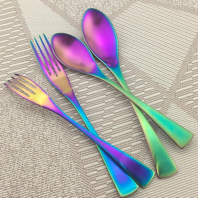 Rainbow Silverware Set, 6-Piece Stainless Steel Flatware Set Service for 1, Tableware Cutlery Set for Home and Restaurant, Knives Forks Spoons, Matte Finish, Dishwasher Safe (Rainbow)