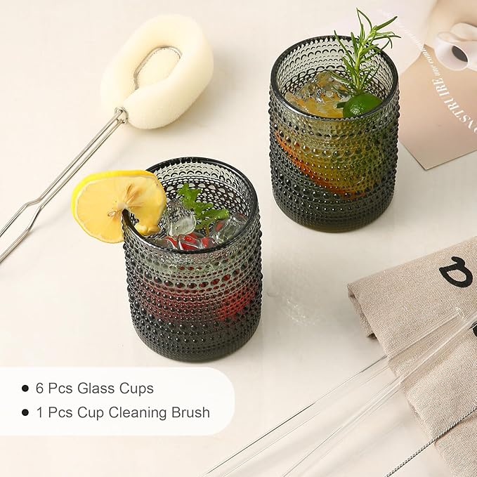 Vintage Glassware Drinking Glasses Set of 6,12 oz Hobnail Glass Cups,Embossed Grey Water Tumbler,for Beer,Cocktail,Whiskey,Juice and Various Mixed Drinks- 1 Cleaning Brush