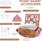 Picnic Basket for 2, Picnic Baskets with Waterproof Blanket, Picnic Hamper Set with Washable Beach Mat & Large Insulated Cooler Compartment, Handmade Natural Wicker Hamper for Camping, Outdoor Party