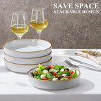 E-far Pasta Bowls Set of 4, 35oz Large Salad Bowls for Serving, Wide and Shallow Ceramic Plates for Kitchen, Double Reactive Glaze, Microwave and Dishwasher Safe, Seashell White