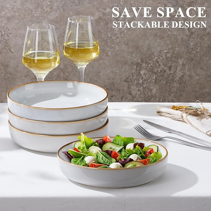 E-far Pasta Bowls Set of 4, 35oz Large Salad Bowls for Serving, Wide and Shallow Ceramic Plates for Kitchen, Double Reactive Glaze, Microwave and Dishwasher Safe, Seashell White