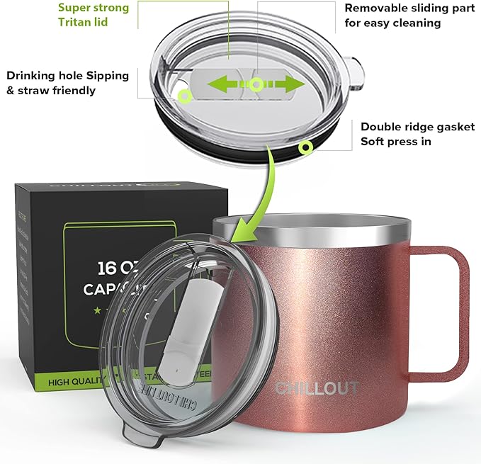 CHILLOUT LIFE Stainless Steel 16 oz - Vacuum Insulated Coffee Mug with Handle and Lid, Large Thermal Camping Coffee Mug Cup with Durable Sliding Lid for Women - Rose Gold