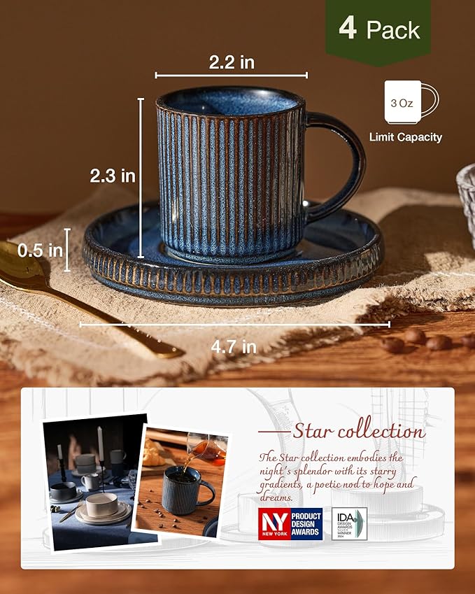 famiware Star Espresso Cups and Saucers Set of 4, [ Mini ] 3 oz Ceramic Small Coffee Mug with Handle, Ribbed Stoneware Demitasse Cup for Tea, Latte - Microwave & Dishwasher Safe - Nebulas Blue