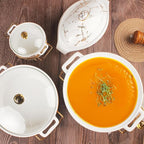 8" Ceramic Casserole Dish with Glass Lid and Gold rack, 2 Quart Serving Soup Tureen,Chafing Dish for Buffet, Family Food preserve Tray, Catering Casserole for Party Style