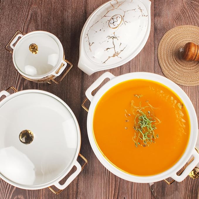 8" Ceramic Casserole Dish with Glass Lid and Gold rack, 2 Quart Serving Soup Tureen,Chafing Dish for Buffet, Family Food preserve Tray, Catering Casserole for Party Style