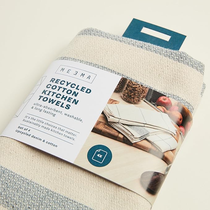 MEEMA Kitchen Towels and Dishcloths Sets of 4 | Large 18 x 28 Inch | Upcycled Cotton Tea Towel | Super Absorbent Cotton Dish Towels for Kitchen | Blue Stripes | Hand Towels