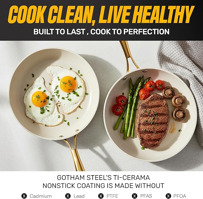 Gotham Steel 15 Pc Ceramic Cookware Set, Ceramic Pots and Pans Set Non Stick with Cooking Utensils and Steamer, Non Toxic PFOA PFOS Free, Premium Gold Stay Cool Handles, Oven & Dishwasher Safe