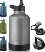 CIVAGO 64 oz Insulated Water Bottle With Straw, Half Gallon Stainless Steel Sports Water Flask Jug with 3 Lids (Straw, Spout and Handle Lid), Large Metal Thermal Cup Mug, Cool Gray