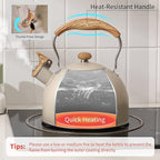 LONFFERY Tea Kettle for Stove Top, 2.5 Quart Whistling Tea Kettle, with Food Grade Stainless Steel and Wood Pattern Folding Handle, Creamy White