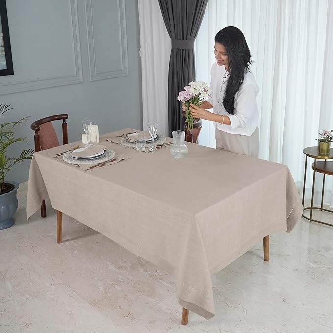 D'Moksha Homes Natural Linen Tablecloth for Rectangle Tables 60 x 90 Inch - 100% Pure Linen Natural Table Cloth - Classic Hemstitch, Machine Washable Tablecloth for Summer, Fall and Halloween
