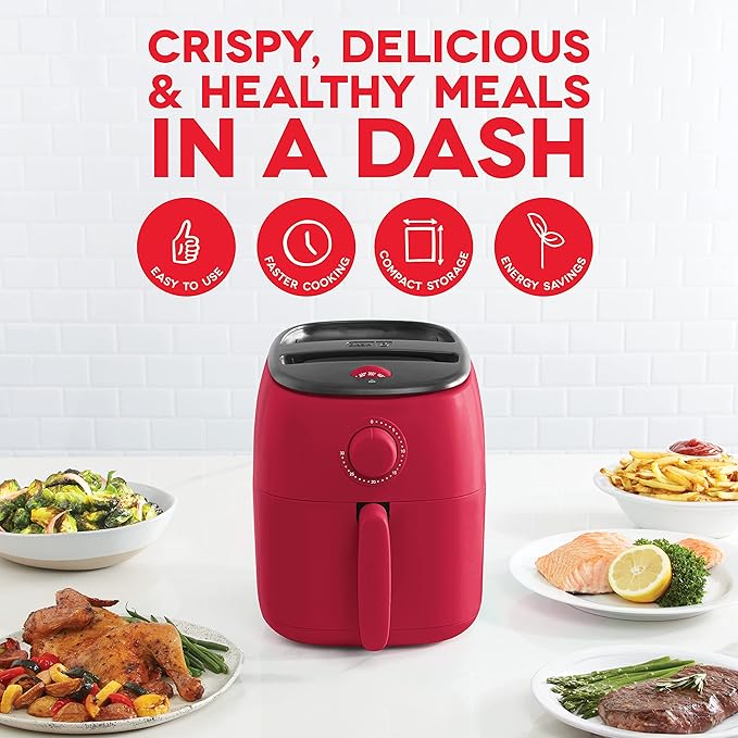 DASH Tasti-Crisp™ Electric Air Fryer Oven, 2.6 Qt., Red – Compact Air Fryer for Healthier Food in Minutes, Ideal for Small Spaces - Auto Shut Off, Analog, 1000-Watt