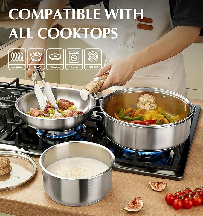 KOCH SYSTEME CS Stainless Steel Cookware Set, 18/10 Stainless Steel Pots and Pans Set 11PCS, Detachable Handle Pots and Pans for Easy Storage, Removable Handle Cooking Set, Induction Compatible