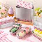 Tioncy 50 Pcs Mini Pink Bow Loaf Pans with Lids Spoons Sticker Cute Pink Bow 6.8oz Disposable Rectangle Aluminum Foil Baking Pans Muffin Cupcake Cups for Picnics Wedding Birthday Baby Shower