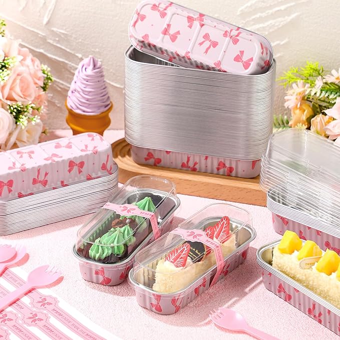 Tioncy 50 Pcs Mini Pink Bow Loaf Pans with Lids Spoons Sticker Cute Pink Bow 6.8oz Disposable Rectangle Aluminum Foil Baking Pans Muffin Cupcake Cups for Picnics Wedding Birthday Baby Shower