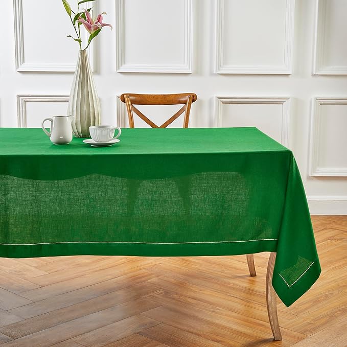 Solino Home Garden Green Linen Tablecloth 60 x 120 Inch - 100% Pure Linen Hemstitch Table Cloth for Rectangle Tables - Classic Hemstitch, Machine Washable Tablecloth