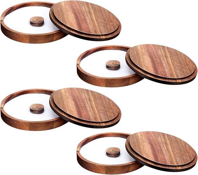 4 Pcs Margarita Salt Rimmer Set Glass Rimmer with Lid Home Bar Accessories Plate for Sugar Drinks Cocktails Bartender Tool Kit Party Restaurant, 5.9" Diameter (Acacia Wood)