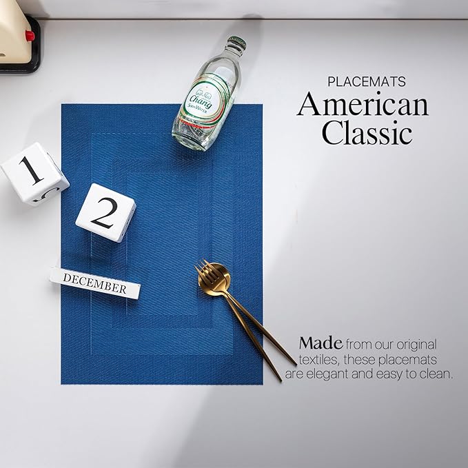 LEXMORE PVC Woven Placemats 8 PCS Wipeable Indoor/Outdoor Table Mats Washable Vinyl Place Mats for Dining Table, Set of 8-Navy Cube