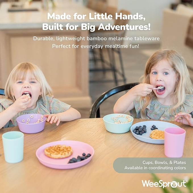 WeeSprout Bamboo Kids Bowls, Set of Four 10 oz Kid-Sized Dinnerware, Cereal, Leftovers & Snack Bowl, Dishwasher Safe (Pink, Green, Gray, & Beige)
