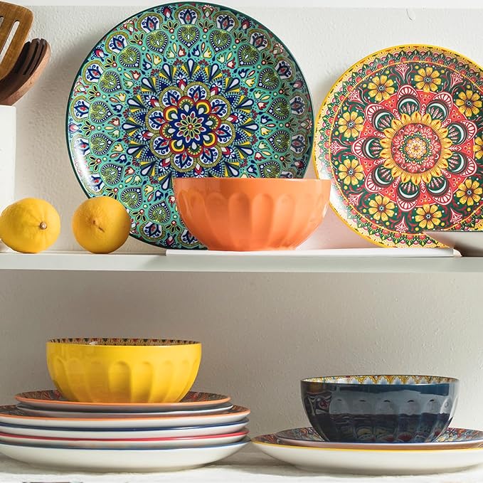 Cereal Bowls Set of 6, Bohemian Soup Bowls, 30 oz Colorful Ceramic Serving Bowls for Kitchen, Breakfast, Boho Decorative Bowl, Microwave Oven Safe Bowl for Salad, Pasta, Oatmeal