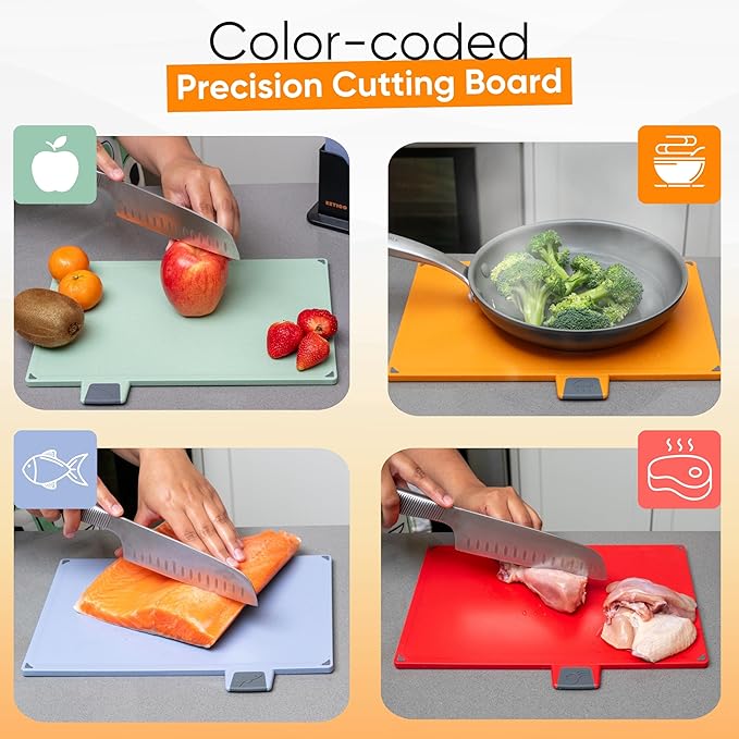 4-Piece Non-Toxic Cutting Board Set with Premium Scissors – BPA-Free Plastic and Rubber Chopping Boards for Kitchen Essentials with Organizer, Dishwasher Safe Accessories Holder.