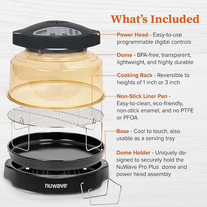 Nuwave Oven Pro Plus Air Fryer, Infra-Red Countertop, 2025 Advanced Convection, No Defrosting or Preheating, Cook Fresh or Frozen, Durable Power Dome, 100 Presets & 50 Memory, PFAS Free, Black