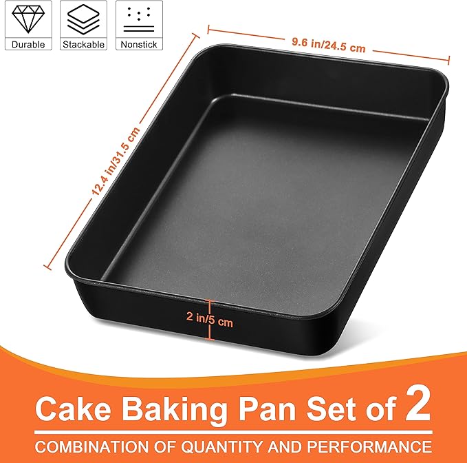 Herogo Rectangle Cake Pan Set of 2, 9 X 13 Inch Non-Stick Baking Pan for Oven, Stainless Steel Black Lasagna Brownies Casseroles Cakes Bakeware, Dishwasher Safe