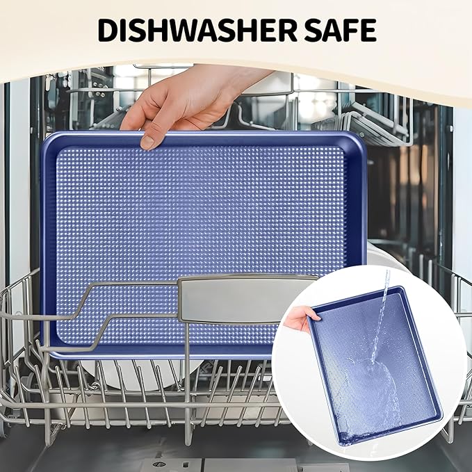 Vinino Baking Sheet Set of 3, Cookie Sheets For Baking with Square Texture Pattern, Thicker Carbon Steel Non-stick Baking Pan Half/Quarter/Jelly Roll Pans Tray for Oven-Blue