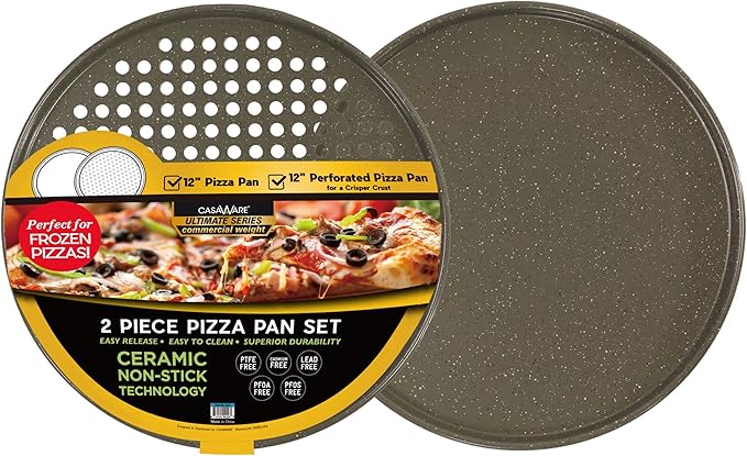 casaWare 2pc 12-inch Ultimate Pizza Pan Set, Nonstick, Ceramic Coated, (1) Solid, (1) Perforated (Silver Granite)