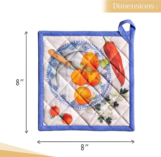 Maison d' Hermine Pot Holders Set 100% Cotton Heat Resistant Potholders 8" x 8" Hot Pads with Loop BBQ, Cooking, Baking, Grilling, Kitchen, Handling Hot Pans Spring/Summer (Pack of 2, Gourmand)