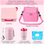 Bento Lunch Box for Kids with 17oz Soup Thermo,Insulated Tumbler Water Bottle and Insulated Lunch Bag,Leak-Proof 3 Compartment Lunch Food Container with with Ice Pack for Kids to School-Pink