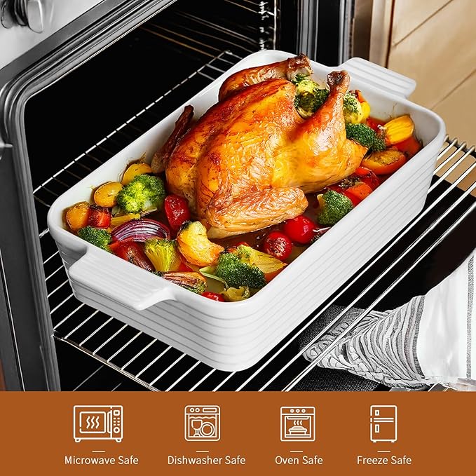 Jassceram Casserole Dishes for Oven, 9x13 Large Porcelain Baking Dish, 4.5-Quart Deep Rectangular Baking Pan with Handles for Lasagna, Roasting, Oven and Dishwasher Safe, Great Kitchen Gift, White