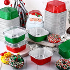 Aoriher 150 Pieces 10 oz Christmas Mini Cake Pans with Lids Christmas Aluminum Pans Baking Cups Square Disposable 4" x 4" Baking Tins for Desserts Xmas Party Supplies (Red Green)