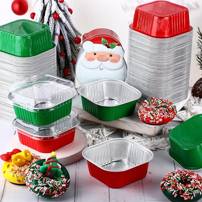 Aoriher 150 Pieces 10 oz Christmas Mini Cake Pans with Lids Christmas Aluminum Pans Baking Cups Square Disposable 4" x 4" Baking Tins for Desserts Xmas Party Supplies (Red Green)