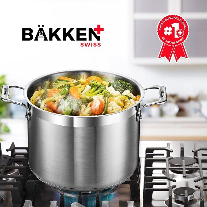 Stainless Steel Stockpot with Lid 16 Quart, Durable 18/8 Stainless Steel, Impact-Bonded Base for Even Heating, Riveted Handles, Oven & All Stove Compatible, Safe Up To 500°F (260°C)