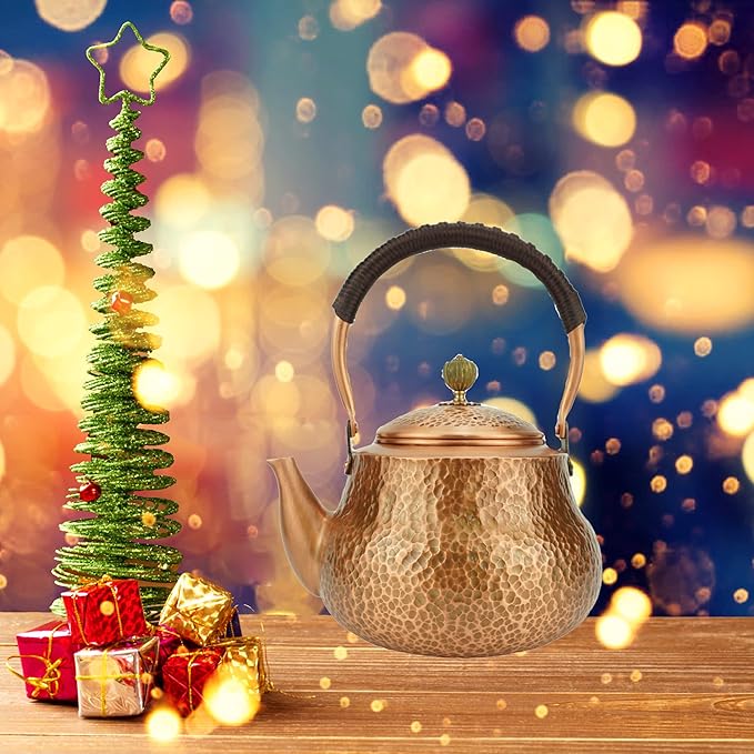 Funmaker Handmade Solid Copper Tea Pot Kettle Stovetop Teapot Thick Hammered Copper Tea Pot Kettle Stovetop Teapot Made for gasstove tops pure copper kettle (Type 4-1300ml)