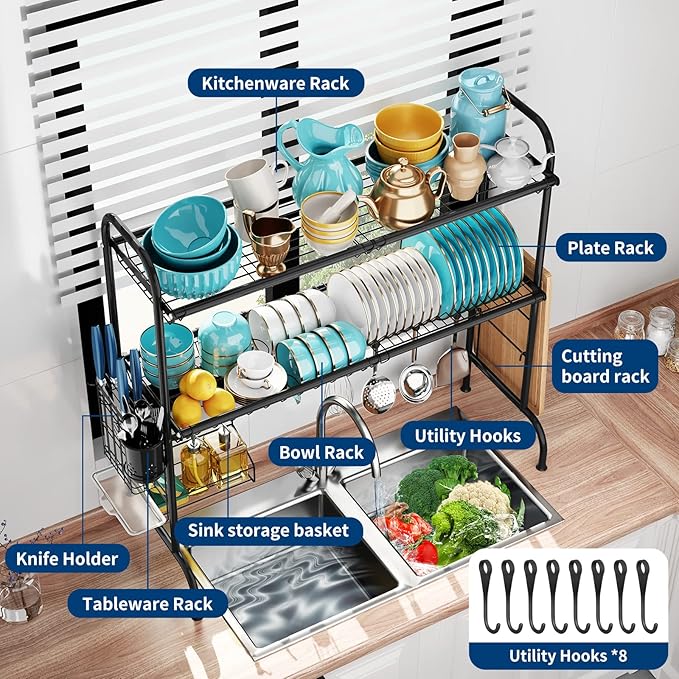 MOUKABAL Dish Drying Rack - Stainless Steel Over The Sink Dish Drying Rack (Expandable Length), 2 Tier Large Dish Rack with Utensil Holder, 32.3" - 33.9"(L) x 11.4"(W) x 32.3"(H) Black