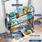 MOUKABAL Dish Drying Rack - Stainless Steel Over The Sink Dish Drying Rack (Expandable Length), 2 Tier Large Dish Rack with Utensil Holder, 32.3" - 33.9"(L) x 11.4"(W) x 32.3"(H) Black