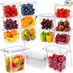 12 Pack Plastic Clear Food Pans with Lids, 1/9 Size 6'' Deep Commercial Stackable Polycarbonate Pans Hotel Food Storage Pan with 1 Pcs Spoon for Fruits Vegetables