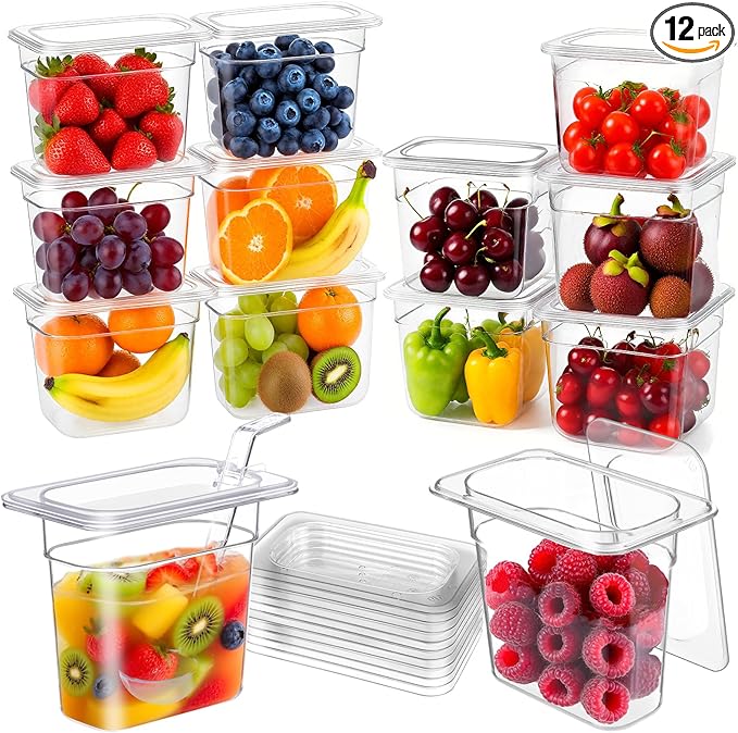 12 Pack Plastic Clear Food Pans with Lids, 1/9 Size 6'' Deep Commercial Stackable Polycarbonate Pans Hotel Food Storage Pan with 1 Pcs Spoon for Fruits Vegetables