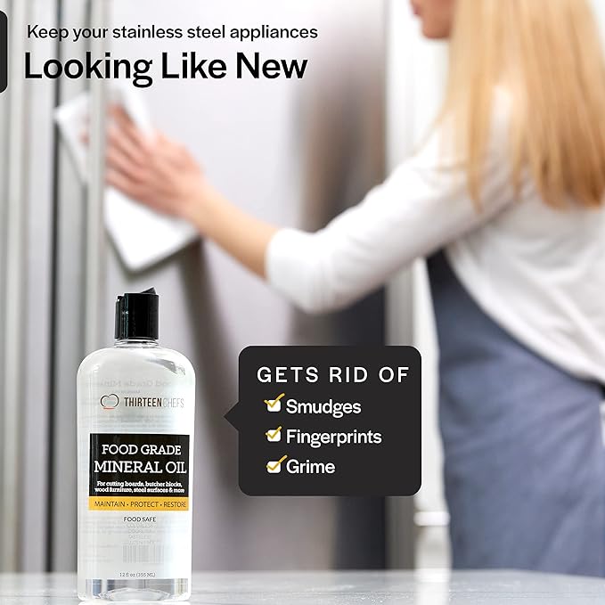 Thirteen Chefs Mineral Oil - 12oz Food Grade Conditioner for Wood Cutting Board, Countertop & Butcher Block, Lubricant for Knife or Meat Grinder - Safe USP Finish on Marble, Soapstone