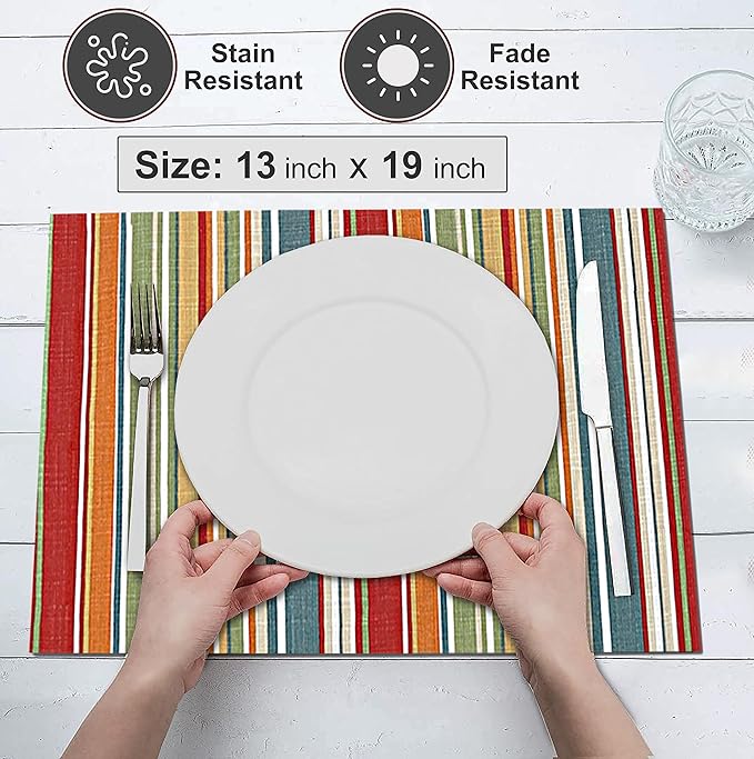 Ruvanti Placemats 100% Cotton 13x19 Inch, Dining Table Placemats Set of 6, Place Mats for Dining Table Decor, Kitchen & Table Linens, Coffee Mat for Christmas Dinners - Multi Stripe