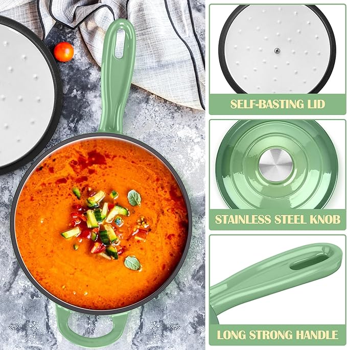E-far Enameled Cast Iron Sauce Pan, 2 Quart Dutch Oven Saucepan with Lid, Small Sauce Pot for Cooking, Boiling, Healthy & Non Toxic, Induction & Oven Safe, Pistachio Green